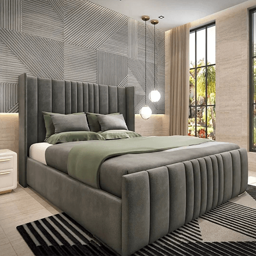 Liverpool Wingback Upholstered Bed Frame With Lines Headboard
